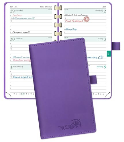 POPRUN 2026 Pocket Planner (Slim Size 3.5'' x 6.5'') Weekly and Monthly Calendar for Purse, with Hourly Time Slots, 100GSM Thick Paper, Spiral Soft Cover, Pen Holder, TJ - Purple