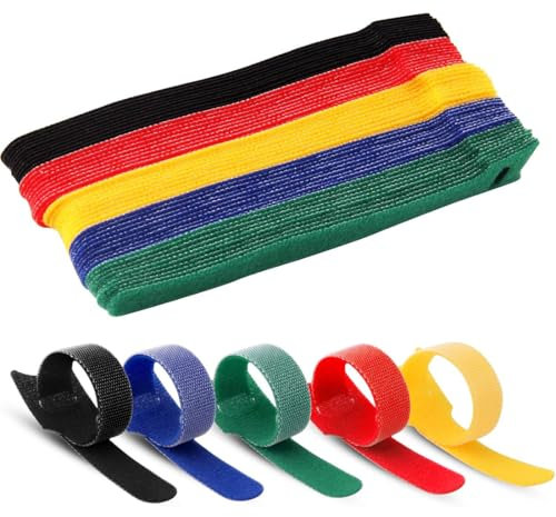 KEQAR 100 pezzi Fascette Riutilizzabili, Lunghe 15 cm, Regolabili con Gancio e Anello per la Gestione dei Cavi, Fermacavi e Cable Management, Nascondi Cavi Organizer (Cinque colori)
