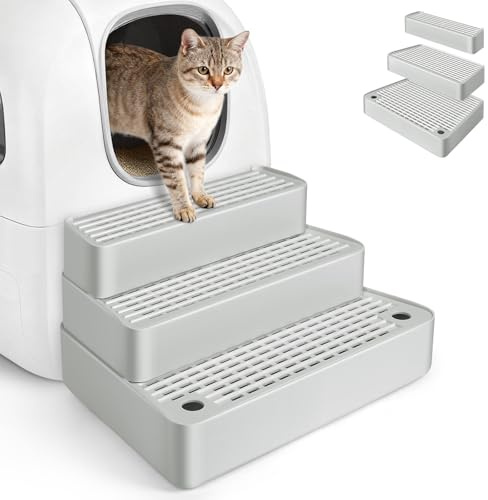 Bartuke Rampe de litière Extra Large à 3 marches réglable avec Fonction de Filtre, Facile à Nettoyer, pour Chats âgés et Chatons (Gris Clair)