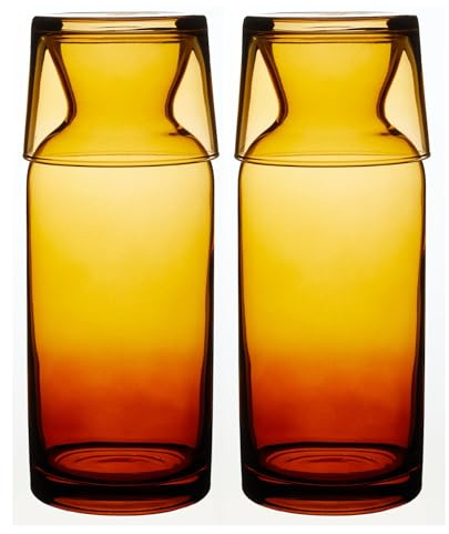 Wrenbury Amber Bedside Water Carafe and Glass Set of 2 - Bedroom Table Decanter - Mouthwash Cup for Bathroom - All in One Hydration Experience - 700ml