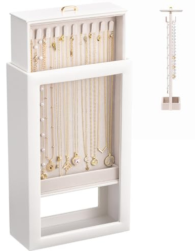 Lolalet Upgraded Double-Sided Hanging Necklace Organizer Box, Jewellery Display Case with Double-Sided Clear Window for Necklaces Bracelets, Tangle-Free Necklace Storage Box -White, 1-Layer 20 Hooks