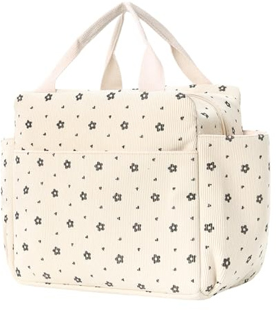 Kaiyzo Pana Bolsa Termica Porta Alimentos, Gran Capacidad Bolsa Comida Trabajo Con Bolsillos, PortáTil Lunch Bag, Adecuado Para La Escuela, Picnics Y La Oficina (Beige, Estampado Floral)