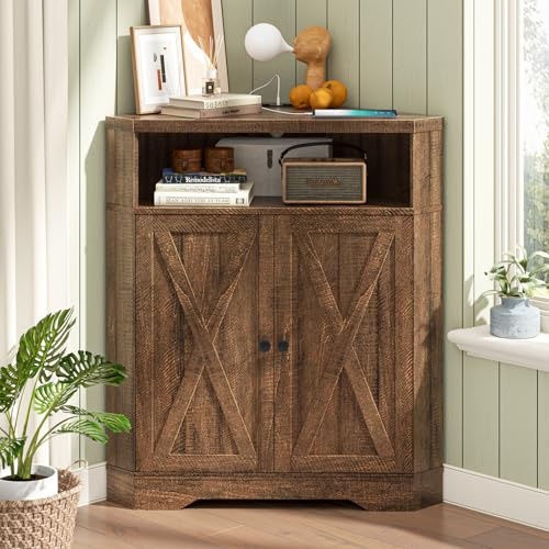 Vabches Corner Storage Cabinet, Small Corner Cabinet with USB Ports and Outlets Organizer, Barn Door Design and Adjustable Shelf, Living Room, Kitchen, Bathroom.Red-Brown
