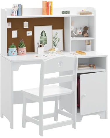 Escritorio Infantil de Madera para Estudiantes con Silla, Mesa Niños Infantil con Estanterías Abiertas y Armarios con Puertas, Mesa de Aprendizaje Infantil Multifuncional para Dormitorio o Estudio