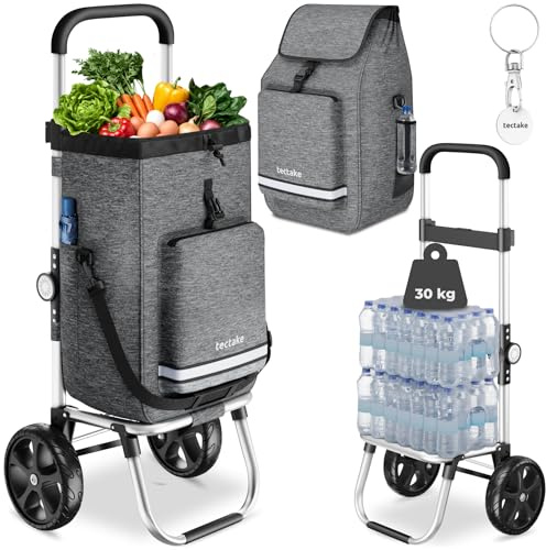 tectake® Carro de la Compra Plegable 3 en 1, Trolley, Carrito Compra, Estructura de Aluminio, Bolsa Termica, Supermercado, Carro Plegable con Ruedas Silenciosas - Gris