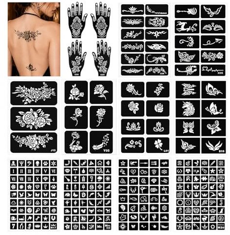 Wosyoodo 253 Piezas Set Plantillas Henna Tatuajes, 4 Grandes Stencil Mano Reutilizables Incluidas, Plantillas Tatuaje Temporal para Festival Maquillaje Cara Cuerpo