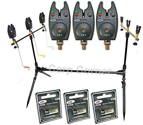 NGT Carp Fishing Rod Pod 3x Black Bite Alarms With Volume Control 3x Indicator Swingers & Rests