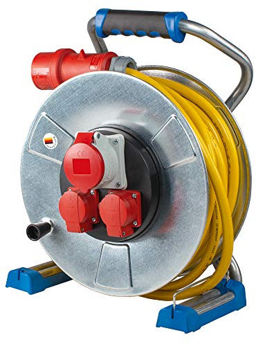 as - Schwabe Xperts Doppelrohr Metallkabeltrommel 25m AT-N07V3V3-F 5G2,5, CEE Stecker 5-polig, 2 Schutzkontaktsteckdosen, 1 CEE-Steckdose 5-polig, 400V 16A, Klappdeckel, IP44, Made in Germany, 23992