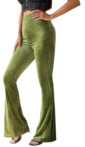 Floerns Women's Velvet Elastic Waist Flare Leg Palazzo Long Pants Trousers A Olive Green L