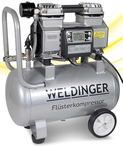WELDINGER Flüsterkompressor FK100 Alu pro Digitaldisplay 900 W Leistung Druckbereich 3-9 bar 17 l Aluminiumtank Gewicht nur 12 kg 5 Jahre Garantie