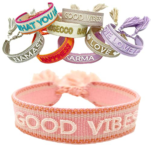 LS-LebenStil Exklusives Statement Armband - das Original - Good Vibes Rosa Weiß - 16-20cm Quasten besticktes Boho Canvas Webarmband Damen Freundschaftsarmband Geschenk gewebt textil Stoffarmband