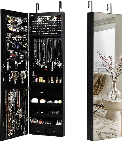 HOMASIS Schmuckschrank zum Aufhängen mit Haken, abschließbares Schmuckregal mit LED Lichtern, Spiegelschrank mit großem Stauraum, Wandspiegel für Schmuck & Kosmetika, 35,5 x 10 x 120 cm (Schwarz)