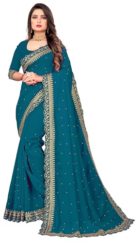 Ravish Style Women's Georgette Silk Embroidery Saree with Blouse Piece (1159-H-Blue)