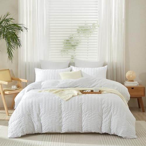 Gezu Seersucker Ropa de cama de 135 x 200 cm, 2 piezas, color blanco, reversible a rayas en relieve, ropa de cama de sirsaca cepillada, cómoda y suave, funda nórdica con cremallera y 1 funda de