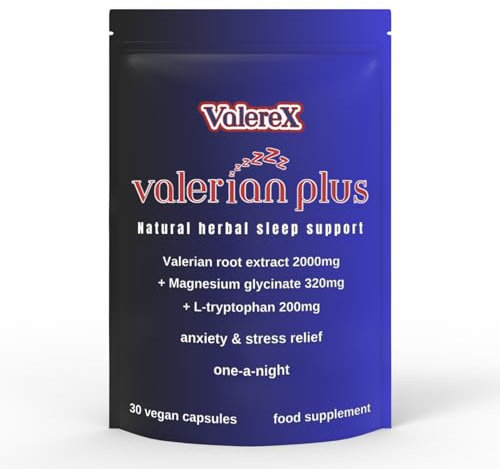 Valerex Herbal Sleeping Tablets for Adults, Valerian Root, Magnesium Glycinate, & Amino Acids. Calming Relaxing Sleep Support. One Capsule a Night, One Month Supply.