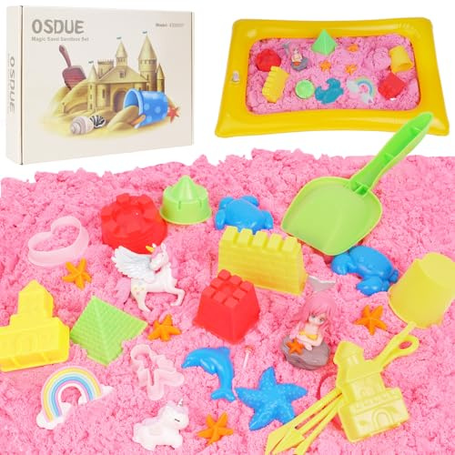 OSDUE Sable Magique Coloré Enfant,1 kg Sable à Modeler Coffret Cadeau Jouets Rose de Licorne Smart Sand Fairy Castle Jouet Sensoriel avec Boîte de Stockage 32 Moules pour Enfants