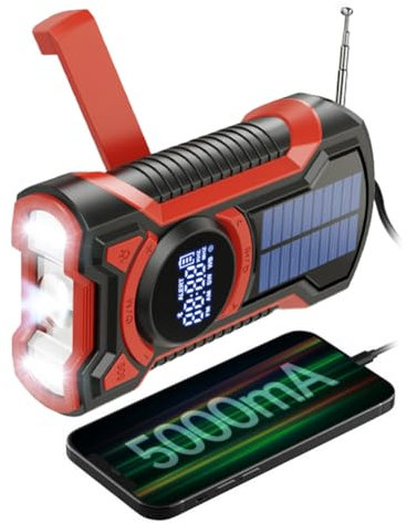 AZURAOKEY Wind Up Solar Emergency Radio, Hand Crank AM/FM/NOAA Weather Radio Portable with 5000mAh Power Bank BT 5.3 Phone Charger LED Flashlight SOS Alarm for Camping Hiking Tents