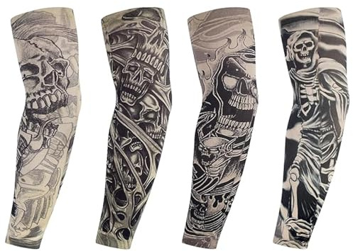 FEZTGVOFA 2 Pcs Tattoo Sleeve, Tattoos Sleeves Men and Women, Arm Fake Tattoos Sleeve, Skull Rock Star Punk Fake Tattoo Sleeves, for Outdoor Sport, Cosplay Party and Dress Party(39cm)