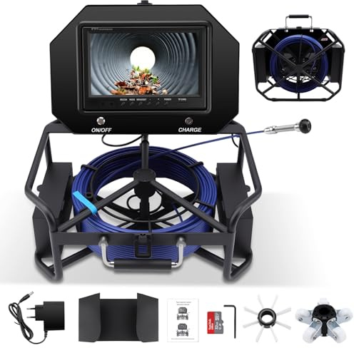 KAOLALI Telecamera di Ispezione 50m con DVR, Telecamera Ispezione Tubi Monitor da 9 Pollici, 1080P HD, Batteria da 4500 mAh, 6 Luci Led Regolabili IP68 impermeabile, Scheda da 32GB inclusa