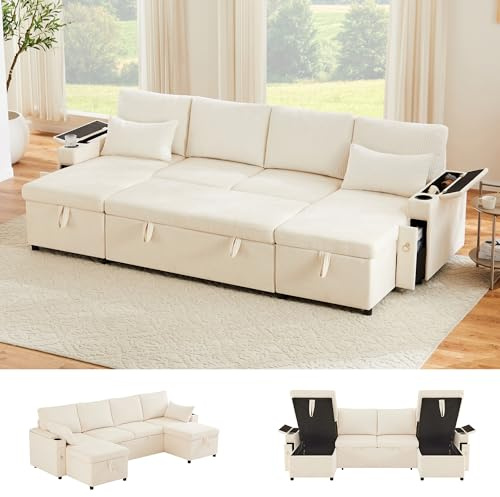Sofá de esquina en forma de U de terciopelo acanalado con cama para invitados extraíble, sofá moderno de 4 plazas con compartimento de almacenamiento, portavasos y función de cama, asiento tipo chaise