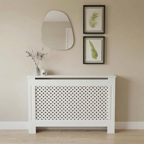 Radiator Cover Cabinet with Geometric Flower Grill – Modern White Heater Covers for Radiators, Radiator Shelf with Easy Assembly & Scratch-Resistant Finish (White)
