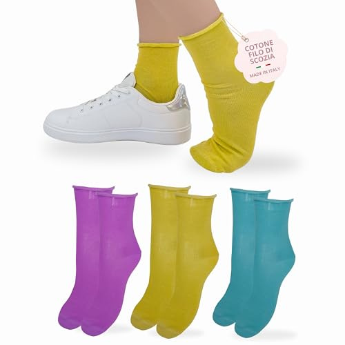 LEON D'ORO Calzini SENZA ELASTICO Donna COTONE LEGGERO Calze Donna FILO DI SCOZIA Made in Italy