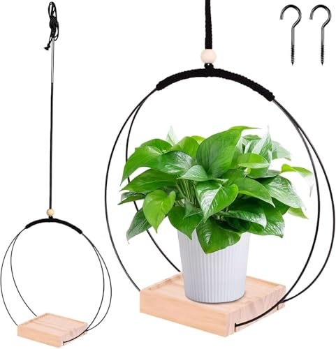 2 Macetas Colgantes de Macramé con Base de Madera, Set de 2 Piezas, Colgadores Dorados para Plantas, Maceta Colgante para Interiores y Exteriores, Gancho Incluido, Idea de Regalo