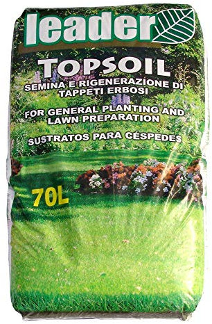 LEADER, Terriccio Topsoil, Per la Rigenerazione e la Semina di Prati, Tappeti Erbosi Sportivi, Aree Verdi, Trattiene l'Umidità, Evita Stress Idrici, Favorisce Crescita Uniforme, Sacchetto da 70L