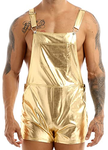 FEESHOW Herr metalliska hängselbyxor wetlook hotpants korta byxor hängslen shorts klubbkläder party disco kläder, Guld, L