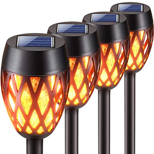 KOOPER Solarlampen für Außen, 4 Stück Upgrade Solarleuchten mit Realistischem Flammenlicht, IP65 Wasserdicht Garten Deko Solar Fackeln für Halloween Weihnachten, Hof, Balkon, Weg