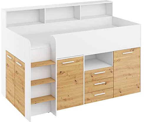 BIM Furniture Etagenbett NEO L Kindermöbel, Möbelset für EIN Kinderzimmer, EIN Bett mit Schreibtisch, Regalen, Schubladen: Linke Seite (weiß/Artisan Eiche)