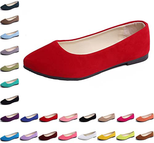 Hwalleum Women's Ballet Flats, Womens Simple Casual Flat Shoes Solid Color Pumps Ladies Girls Dolly Ballet Ballerina Work Smart Office Formal Comfort Pointed Toe Slip On Flats Shoes Bright Red