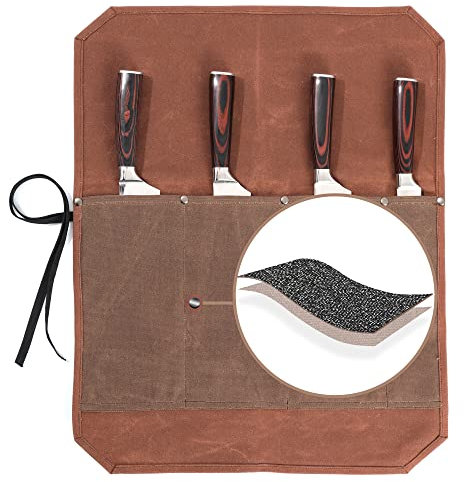 Kaaltisy 16oz gewachste Leinwand Messerrolle - Robuster Kochmesserträger mit 4 Fächern + Schnittschutz, Stylisches Zwei-Farb-Design in Braun und Grau für Köche (52 x 42 cm)