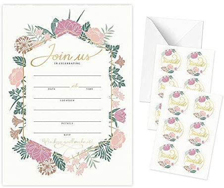 Rileys & Co. 50 All Occasion Invitation Cards with Envelopes and Bonus Stickers, Floral Party Invitations for Wedding, Anniversary, Baby Shower, 7x5 Inches (18 x 13 cm)