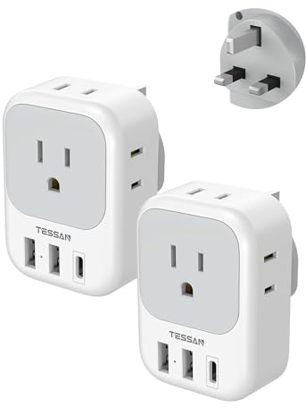 UK Adapters for Travel 2 Pack, TESSAN Type G US to UK Plug Adapter with 4 Outlets 3 USB Charger(1 USB C PD 20W), Power Adaptor for USA to Ireland Scotland Dubai Hong Kong England British Kenya London