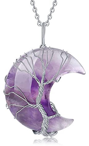 XIANNVXI Amethyst Halskette Damen Silber Kette Kristalle Mondsichel Ketten Anhänger Kristall Kette Baum des Lebens Natürliche Energie Edelsteine Schmuck Frauen Geschenk