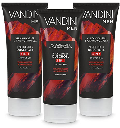 VANDINI 3in1 Duschgel für Männer Vulkanwasser & Sandelholz 3x 200 ml - Herren Duschgel vegan für alle Hauttypen geeignet - Sandelholz Duschgel Männer Herrenduschgel Shower Gel men Männerduschgel