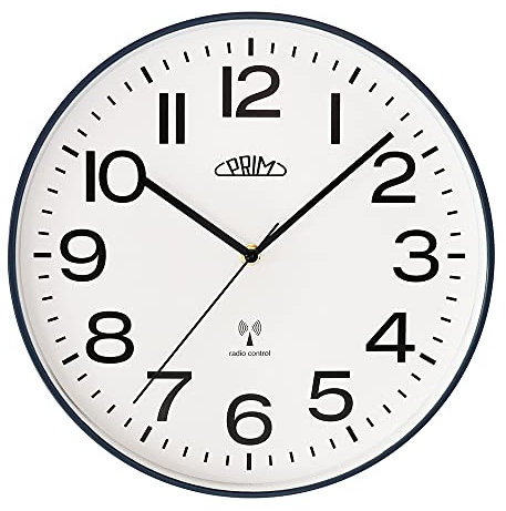 PRIM Design Funkuhr Radio Classic Trendische Wanduhr, Weiß/Blau, Funkgesteuert, aus Kunststoff, Ø 300 mm Funk Wanduhr Modern, Wand-Deko, Perfekt als Küchenuhr Wand-Deko Wohnzimmer, Büro