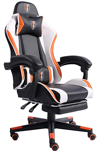 Gaming i racing-design med flexibla vadderade armstöd, ergonomisk PC-gamingstol i läderoptik, skrivbordsstol med utdragbart fotstöd och extra stödkudde, färg: svart/vit-orange