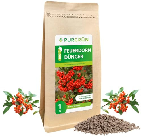 Purgrün® Bio-Feuerdorn-Dünger 1 kg – Organisch-mineralische Rezeptur – Feinkörniges Krümelgranulat – NPK 6+3+8 – Mit Magnesium für prächtige Beeren & gesundes Laub – Verbessert die Bodenqualität