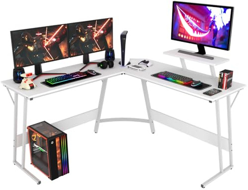 BestOffice - Escritorio para ordenador (128 x 128 x 90 cm), diseño de esquina con soporte para pantalla con escritorio grande, color blanco
