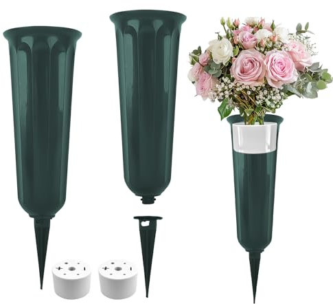 Lot de 2 vases funéraires en plastique avec piquet de terre - Insert de vase durable pour cimetière, cimetière, cours, tombes - Décoration de jardin (vert)
