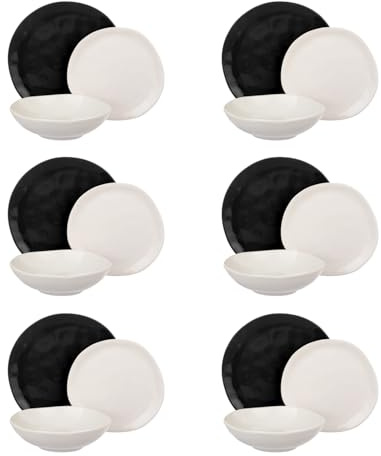 KASANOVA Set 18 pezzi Fusion, servizio 18 piatti bianco e nero, materiale resistente, adatto alla lavastoviglie e al forno microonde