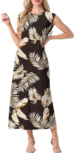 GRECERELLE Womens Summer Maxi Long Dress Casual Flower Sleeveless Crew Neck Split Hem Shift Dresses with Pocket for Ladies UK (Black Palm Leaf, M)