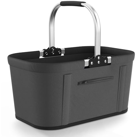 Yeabett 22 l, vikbar shoppingkorg med 4 stödstänger, grå | Robust bärkorg och picknickkorg | Stor hopfällbar korg | 43 x 27 x 23 cm | vadderade handtag | för shopping, resor, camping