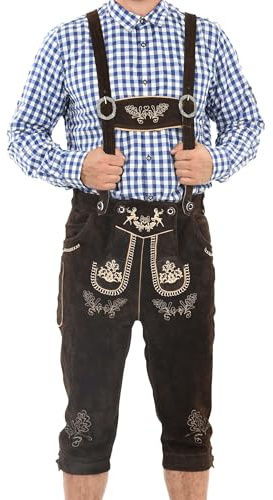 ALESSANDRO SALVARINI Herren Trachten Lederhose (46-60) - mit Stickerei und Hosenträgern - AS452 - Dunkelbraun Größe 52 - Gr.52