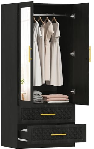 HOMCOM Armario Dormitorio 2 Puertas y 2 Cajones, Armario Ropero con Espejo, Relieve de Diamante, Barra para Colgar, Estilo Moderno, 80x50x180 cm, Negro
