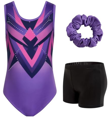 JiAmy Gymnastik trikåer för flickor glittrande balettdans kläder med shorts scrunchie 3-delat set 3-12 år