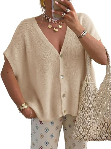 Saodimallsu Cardigan da donna a maniche corte con scollo a V - Cardigan oversize - Manica a pipistrello - Gilet estivo in maglia - Colore tinta unita - Leggero - Taschino, cachi., M