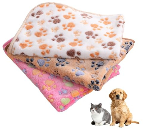 Tharvolex 3 Pack Pet Blankets, 40 x 60cm Soft Fleece Dog Cat Blanket with Cute Paw Print for Small Medium Pets, Non-Slip Warm Blanket for Bed Sofa & Car Seat Protection (White, Coffee, Pink)